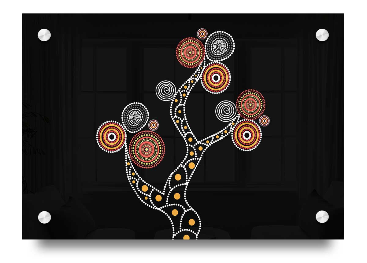 Vibrant Aboriginal Tree 1 acrylic print on 5mm thick glass, showcasing intricate designs and colors.